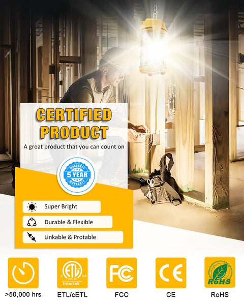 Ultra Bright LED Temporary Work Light 150W 5000K Daylight White for outdoor construction job site lighting in use