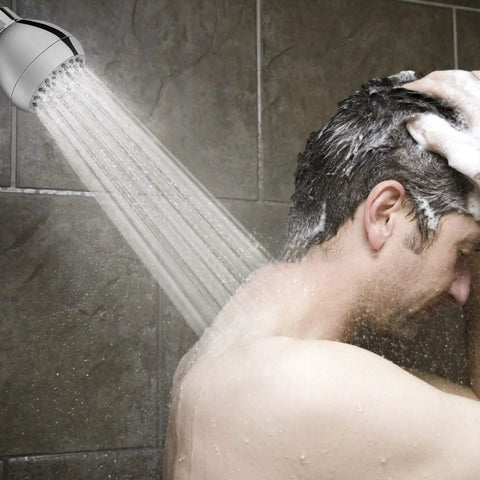 High Pressure 3 Inch Shower Head with Anti Clog and Leak Fixed Chrome Shower Head spraying water on a person