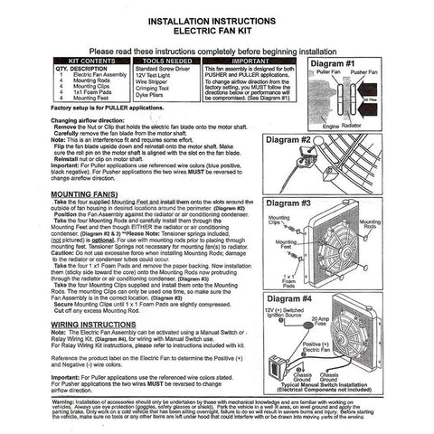 Installation instructions for Built Tough 12 Inch Black Universal Electric Radiator Fan Set detailing assembly and wiring.