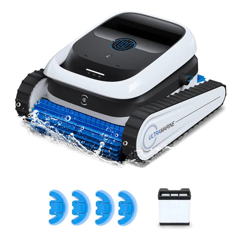 Ultramarine P1 Pool Cleaner Robot Kit With 4800GPH UltraPure Suction, Dual Layer Filtration, shown with accessories on white background