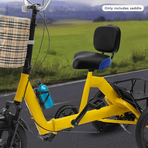 Wide E Bike Seat With Backrest For Long Rides Comfort All Day Sit On A Big Cushioned Ergonomic Saddle With Adjustable Backrest And Height Fits Electric Scooters Stationary Bikes And Trikes Heavy Duty 220 Lb Load Capacity, black and blue