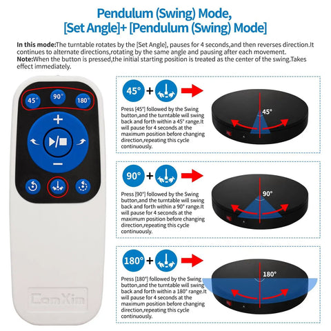 Diagram of remote and modes for Remote Controlled Motorized Turntable For Photography And Display 360 Degree Spinning Platform Electric Rotating Lazy Susan