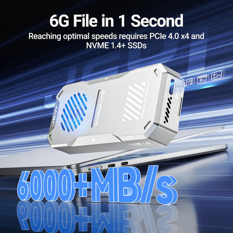 Blazing Fast 80Gbps M.2 2280 NVMe Enclosure With Dope Turbo Cooling Fan on laptop showcasing high-speed data transfer.