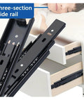 Heavy Duty Side Mounted Ball Bearing Drawer Slides Three Section Full Extension Cold Rolled Steel Cabinet Tracks with three-section slide rail.