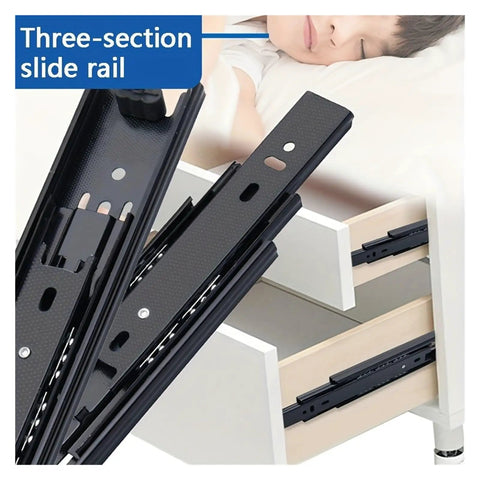 Heavy Duty Side Mounted Ball Bearing Drawer Slides Three Section Full Extension Cold Rolled Steel Cabinet Tracks with three-section slide rail.