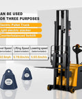 Tory Full Electric Pallet Stackers 1200 Lb Capacity With Tilt Forks showing controls and specifications for light electric stackers, 1200 lbs capacity.