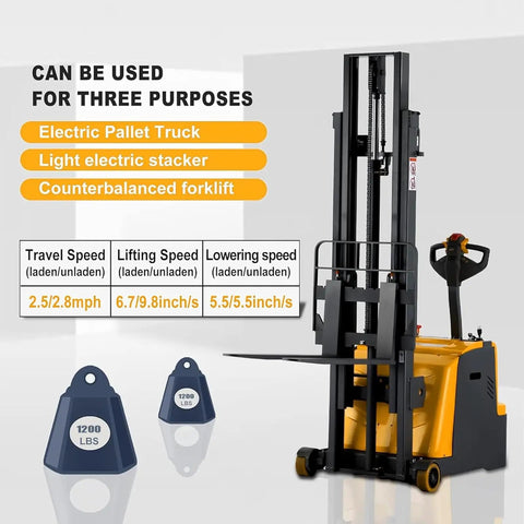 Tory Full Electric Pallet Stackers 1200 Lb Capacity With Tilt Forks showing controls and specifications for light electric stackers, 1200 lbs capacity.