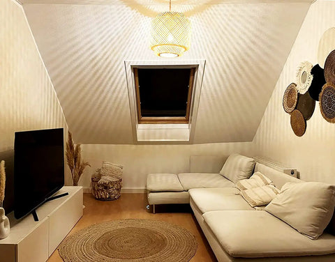 Cozy attic living room with Dope Boho Plug In Pendant Light With Macrame Shade, casting warm light over white sofa and decor.