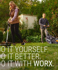 Man and woman using garden tools in lawn with WORX branding. Universal Fit Leaf Collection System for Leaf Blowers and Vacuums, 5-Inch Tube.
