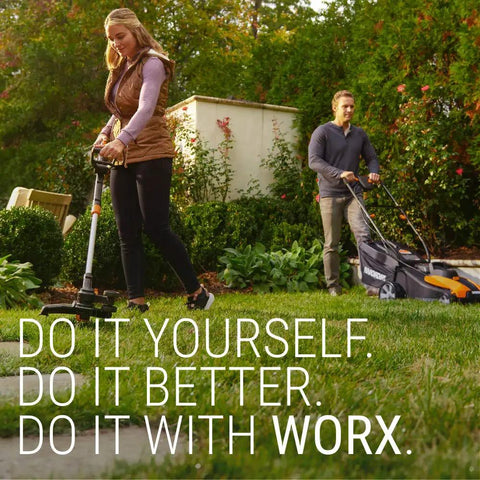 Couple using lawn care tools in garden, with text reading 'Do It Yourself. Do It Better. Do It With Worx.'