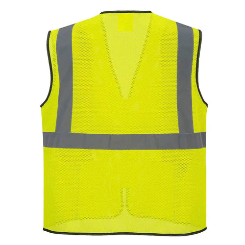Heavy Duty Yellow Mesh Safety Vest With Reflective Striping Ansi Class 2 High Vis Security Work Top Built Tough For The Daily Grind Solid Gear That Keeps You Fly And Locked In On Site Seven Extra Large Crew, back view showing reflective striping.