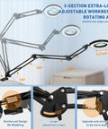 Image of Ultra Long 12X And 30X Pro Grade Magnifying Lamp with swivel arm angles and clamp, showing reinforced adjustable components.