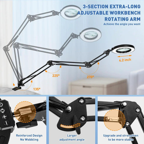 Image of Ultra Long 12X And 30X Pro Grade Magnifying Lamp with swivel arm angles and clamp, showing reinforced adjustable components.