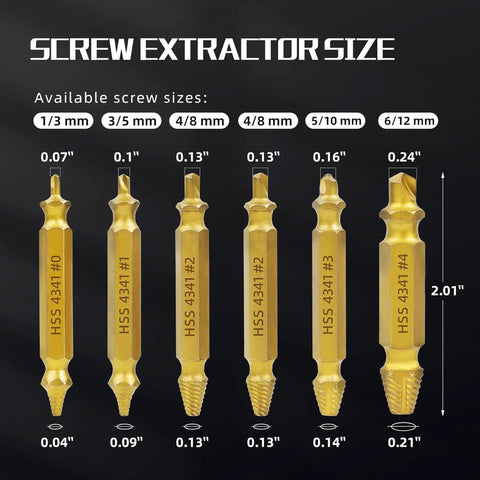 Premium 6-Piece Screw Extractor Kit Made From Tough HSS Steel To Fix Stripped Bolts, Damaged Screws, And Nuts For Daily Repairs And Heavy Auto Jobs Without Hassle, size chart