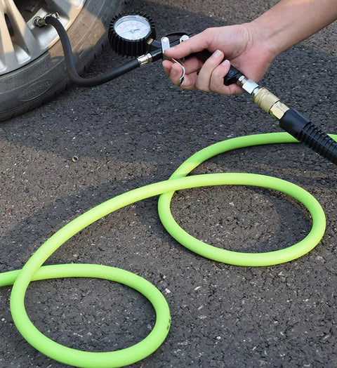 Heavy Duty Hybrid Air Hose Built To Last Three Eighths Inch By Fifty Feet Flexible And Lightweight No Kink Design connected to tire