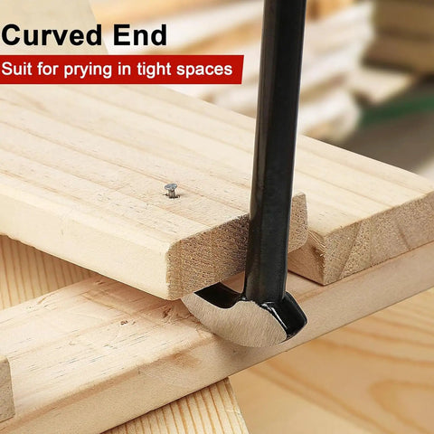 Heavy Duty 18 Inch Extendable Pry Bar Featuring Adjustable Indexing Leverage For Stubborn Tire Beads Quick Rim Cleaning Crafted From CRV Steel With Sure Grip For Every Auto Shop Grind, showing curved end prying wood.