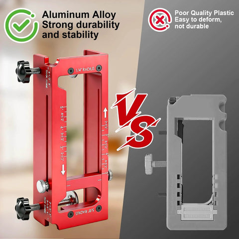 Pro Grade Aluminum Door Hinge Jig With Scale for Router Templates, comparison shown between aluminum and plastic construction