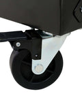 Close-up of locking wheel on the Six-Tier Dual-Sided Storage Organizer Rolling Bin Rack With Sixty Plastic Bins, Heavy-Duty Steel Frame On Wheels.