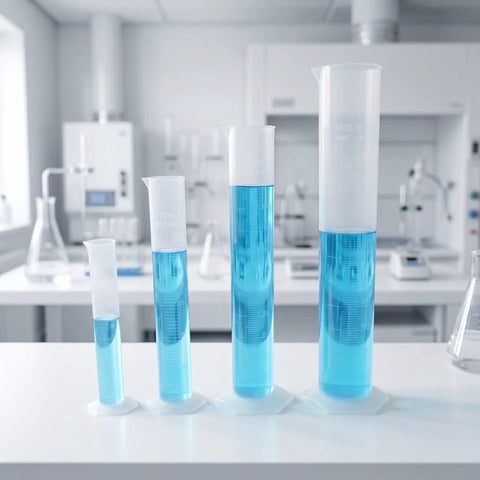 4 Pack Plastic Graduated Cylinders Thickened Clear Plastic With Hexagonal Spill Resistant Base For Precise Calibration In Kid Friendly Lab Learning Science Classroom Supplies Industrial Measuring, 4 clear cylinders on lab bench