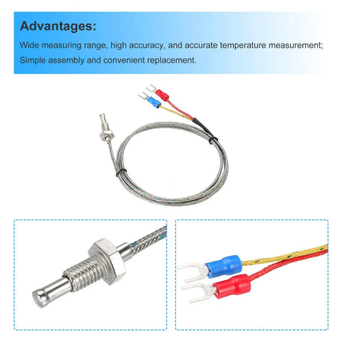 2 Pack J Type Thermocouple Temperature Sensor Probes With M6 Thread, 5ft Lead, 0 to 750C (32 to 1382F) Range, industry-grade shown