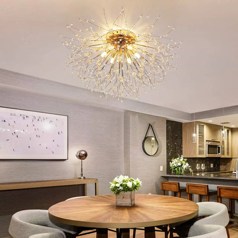 Six Light Firework Sputnik Statement Chandelier Modern Crystal Pendant Lighting Semi Flush Mount 24 Inch LED Gold Finish Fixture For Living Room And Dining Room 4000K Neutral White