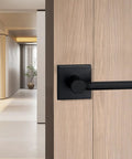 Single Sided Dummy Door Handle For Closet Or Pantry No Turning Matte Black Reversible Interior Push Pull Lever HD1601-DB-Dummy-4P, on wood door