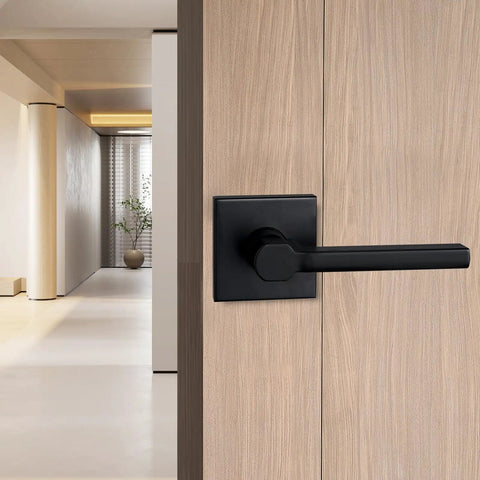 Single Sided Dummy Door Handle For Closet Or Pantry No Turning Matte Black Reversible Interior Push Pull Lever HD1601-DB-Dummy-4P, on wood door