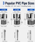 Image of three PVC pipe threading heads for 1/2, 3/4, and 1 inch sizes, part of Real Deal Three Piece PVC Pipe Threader Kit.
