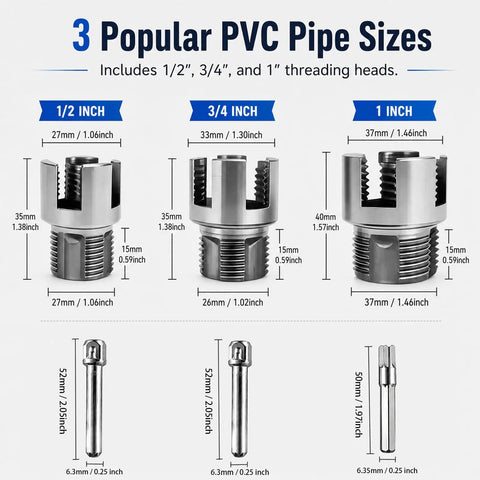 Image of three PVC pipe threading heads for 1/2, 3/4, and 1 inch sizes, part of Real Deal Three Piece PVC Pipe Threader Kit.