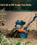 Garden rototiller with 4.10/3.50-6 Outer Tire Replacement in field showing off-road perks, durable, turf-friendly.