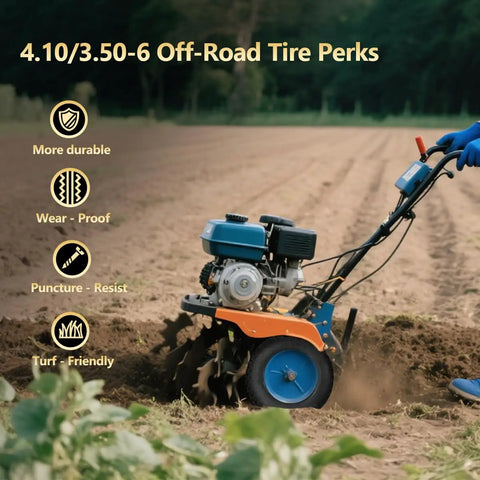 Garden rototiller with 4.10/3.50-6 Outer Tire Replacement in field showing off-road perks, durable, turf-friendly.