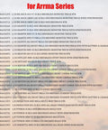 List of Arrma RC Truck Models including 1/10 and 1/8 scale with various features noted in bold red title 'for Arrma Series'.