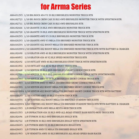 List of Arrma RC Truck Models including 1/10 and 1/8 scale with various features noted in bold red title 'for Arrma Series'.