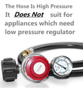 Propane regulator with gauge and 4 ft hose; red regulator head, black hose (Amazon brand).