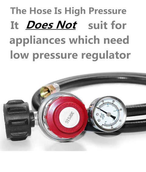 Propane regulator with gauge and 4 ft hose; red regulator head, black hose (Amazon brand).