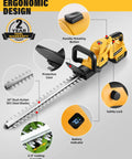Cordless Electric Hedge Trimmer With 20V Max Battery Compatibility detailing rotating handle, safety lock, and 20-inch dual-action blade.