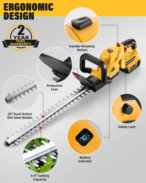 Cordless Electric Hedge Trimmer With 20V Max Battery Compatibility detailing rotating handle, safety lock, and 20-inch dual-action blade.