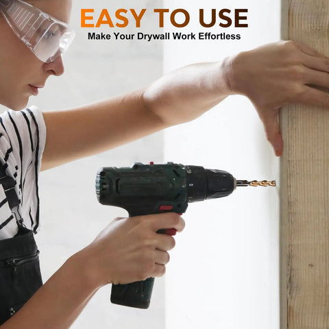 Rugged M2 Steel Drywall Router Bits Twenty Piece Set One Quarter Inch Shank Spiral Saw Ready used with a drill on wooden wall.