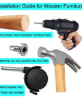 Installation guide with drill, hammer, iron socket, and 4 Pack M8 Grip Neck Stem Caster Wheels 1.5 Inch Swivel Castors With Locking Brakes