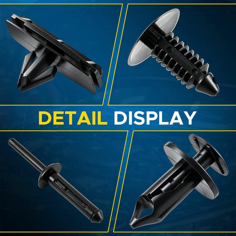 Detailed view of Beefy Jeep Wrangler Fender Flare Hardware Kit components including push pin retainers and rivet clips.