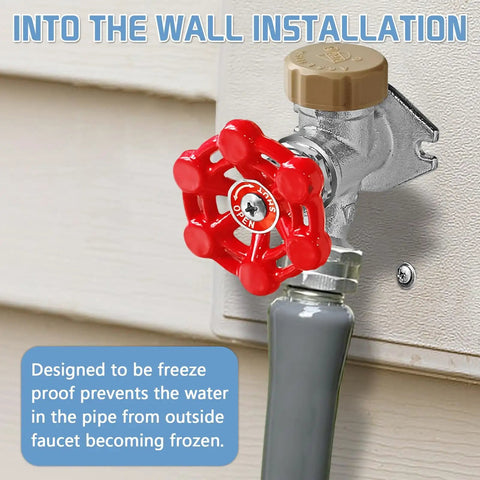Close-up of Frost Free Outdoor Sillcock With Anti Siphon Backflow Preventer, Lead Free Brass Frost Proof Faucet Bib, installed on wall.