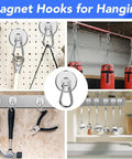 Bad Boy Magnetic Carabiner Hooks, 70 Lbs Hold, 12 Pack, Stainless Steel Swivel Magnets displayed in various hanging setups.