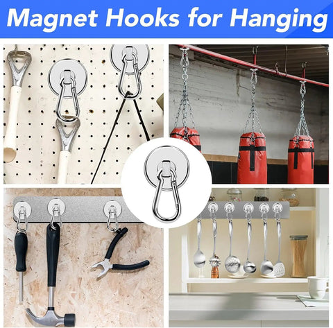 Bad Boy Magnetic Carabiner Hooks, 70 Lbs Hold, 12 Pack, Stainless Steel Swivel Magnets displayed in various hanging setups.