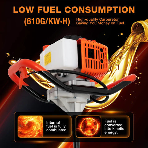 Close-up of Beefy Gas Powered Auger Post Hole Digger with 52cc engine showcasing low fuel consumption and steel handles.