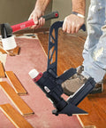 Worker using Fiberglass Handled Replacement Flooring Mallet For Flooring Nailers And Staplers Pro Grade Heavy Duty Durable Steel Head