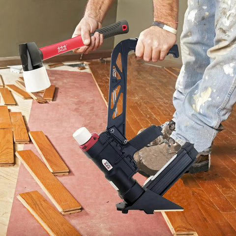 Worker using Fiberglass Handled Replacement Flooring Mallet For Flooring Nailers And Staplers Pro Grade Heavy Duty Durable Steel Head