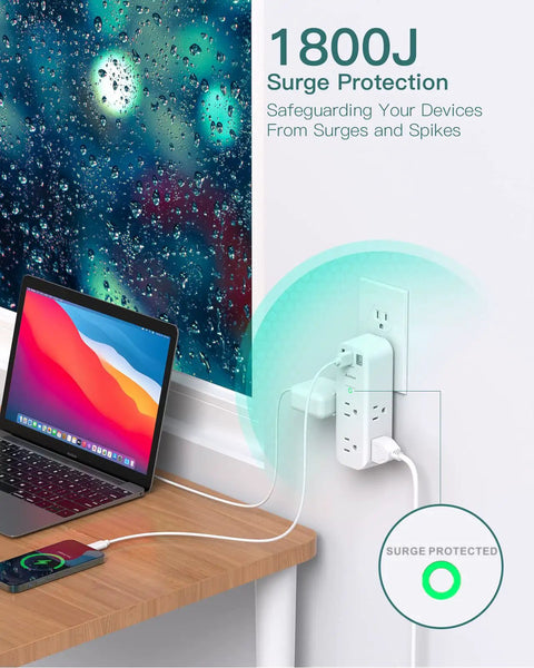 Rotating Outlet Extender With Six AC Outlets And Three USB Ports Including One USB C Three Sided Slim Power Strip With Laptop