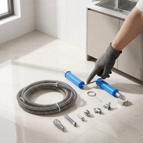 Heavy Duty Pipe Cleaning Spiral With Six Precision Cutting Heads And Three Meter Cable To Kick Out Stubborn Kitchen Sink And Bath Clogs No Sweat Using Solid Alloy Steel Construction, kit layout with components.