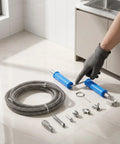 Heavy Duty Three Meter Drain Snake with alloy steel spring components on a kitchen counter ready for plumbing jobs.