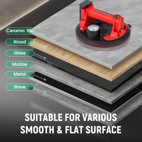 Beefy 8 Inch Electric Vacuum Suction Cup Lifter 2 Pack With 440 Lb Capacity shown on various smooth surfaces